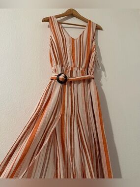 Harlow & Rose Striped Orange & Cream Sleeveless Belted Jumpsuit Size Large
